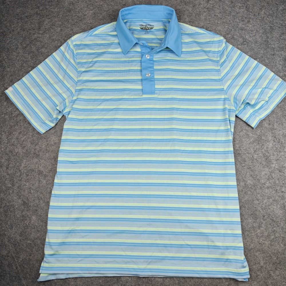 Straight Down Golf Polo Shirt Men's Large Blue Striped Performance Stretch Blend